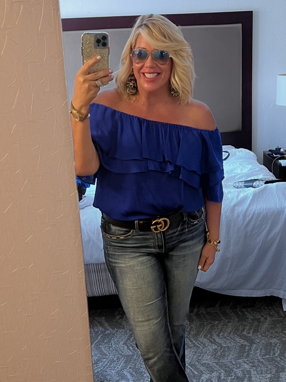 Lilly Pulitzer Haylee XL Off-Shoulder Ruffle Women’s Top in Royal Blue/Purple